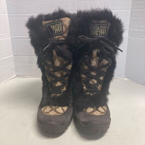 COACH Jeannie Signature Fur Lined Boots Size 7B Mid Calf Brown & Black Size 7B - Picture 9 of 10